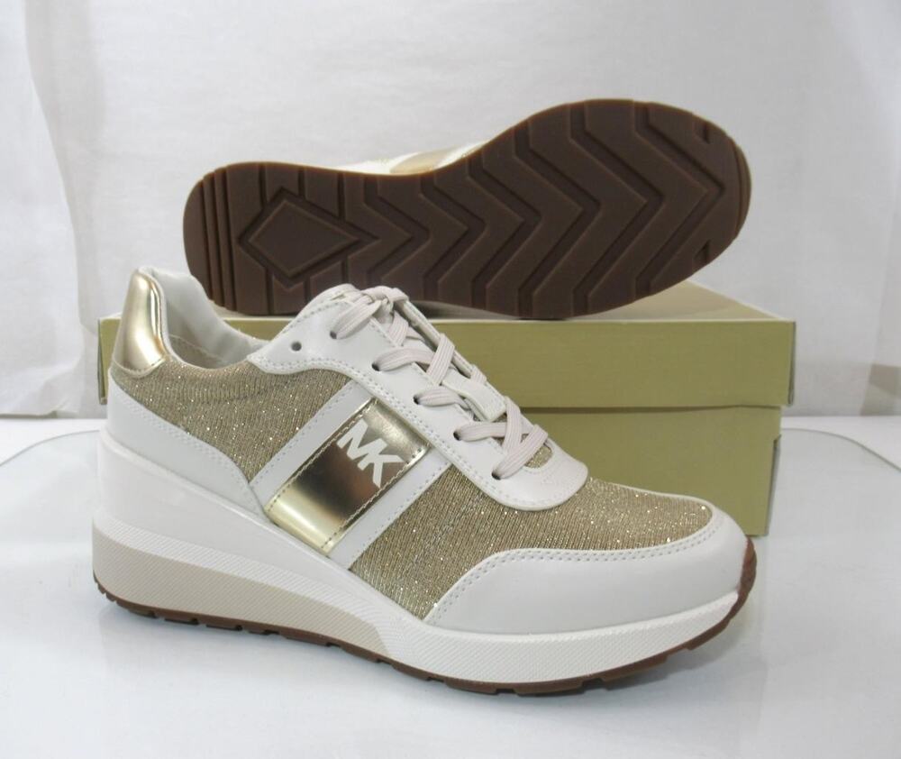 Michael Kors Mabel Trainer Wedge Sneakers Glitter Chain Mesh Pale Gold